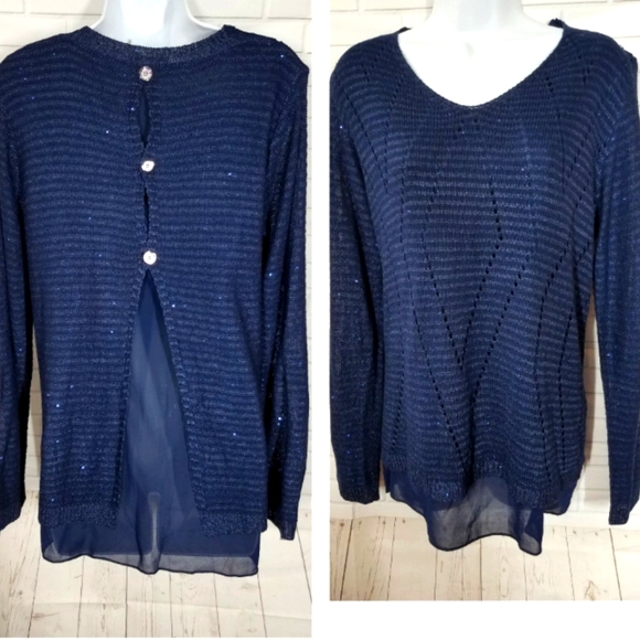Navy Sequin Knit Sweater with Button Back Detail - Picture 1 of 5